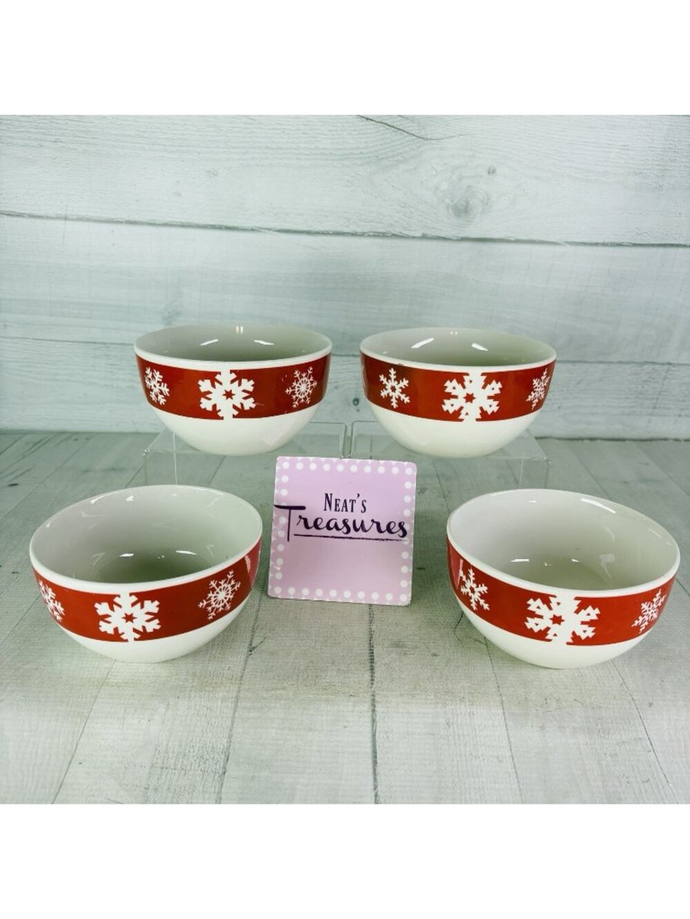Royal Norfolk RNF44 Greenbrier Int Snowflakes On Red Rim Soup Cereal Bowls Set 4